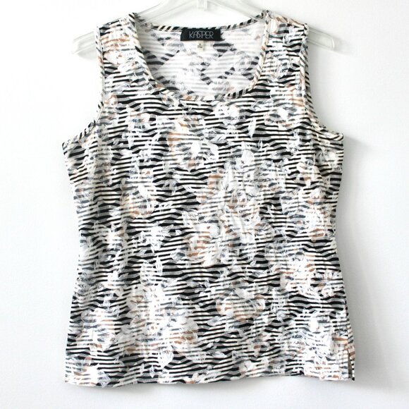Kasper Black Beige Neutral Floral Striped Tank Top Blouse Medium - Picture 1 of 4